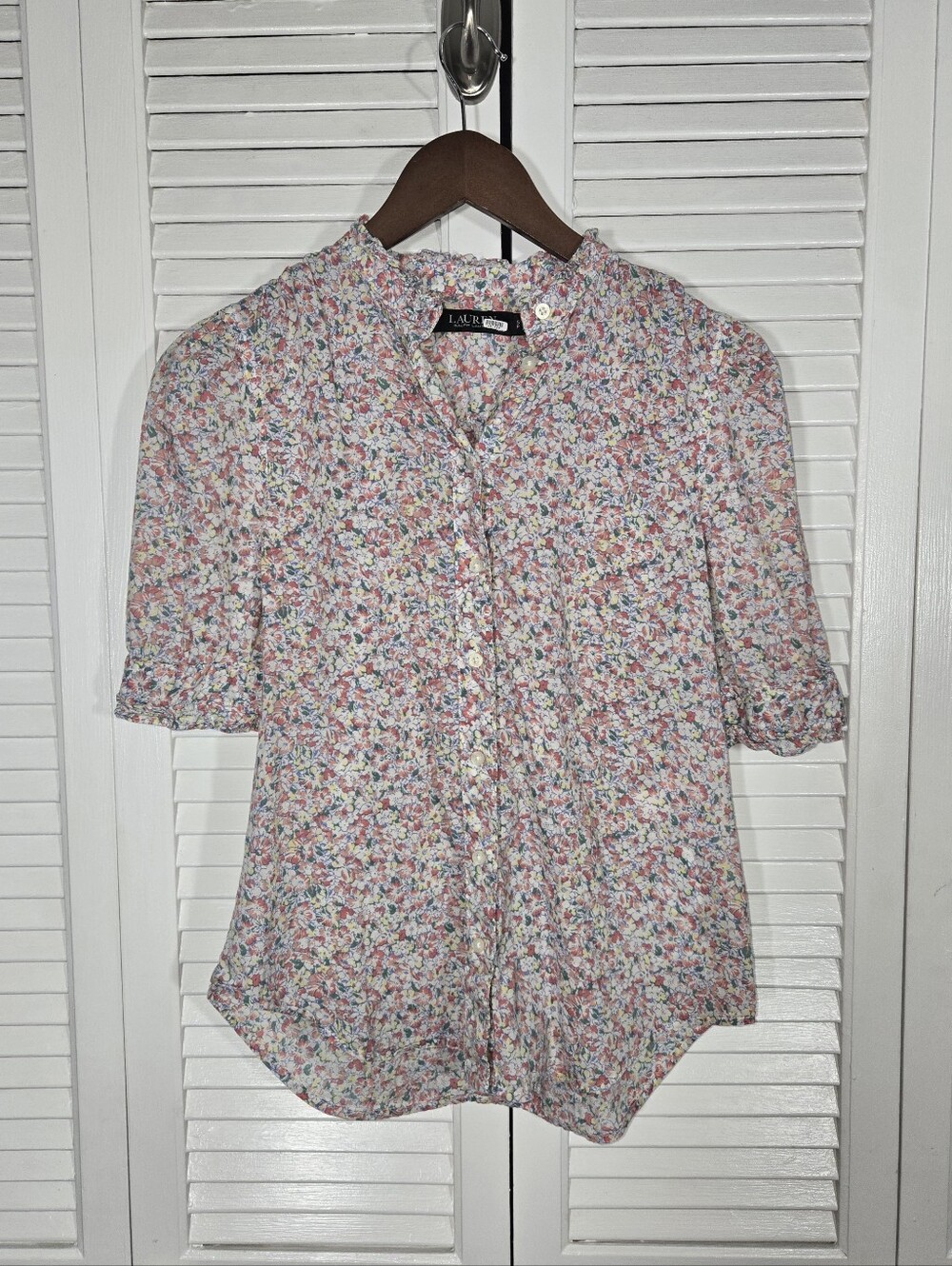 Lauren Ralph Lauren Ruffle Collar Button Up Cotton Puff Sleeve Floral Blouse S